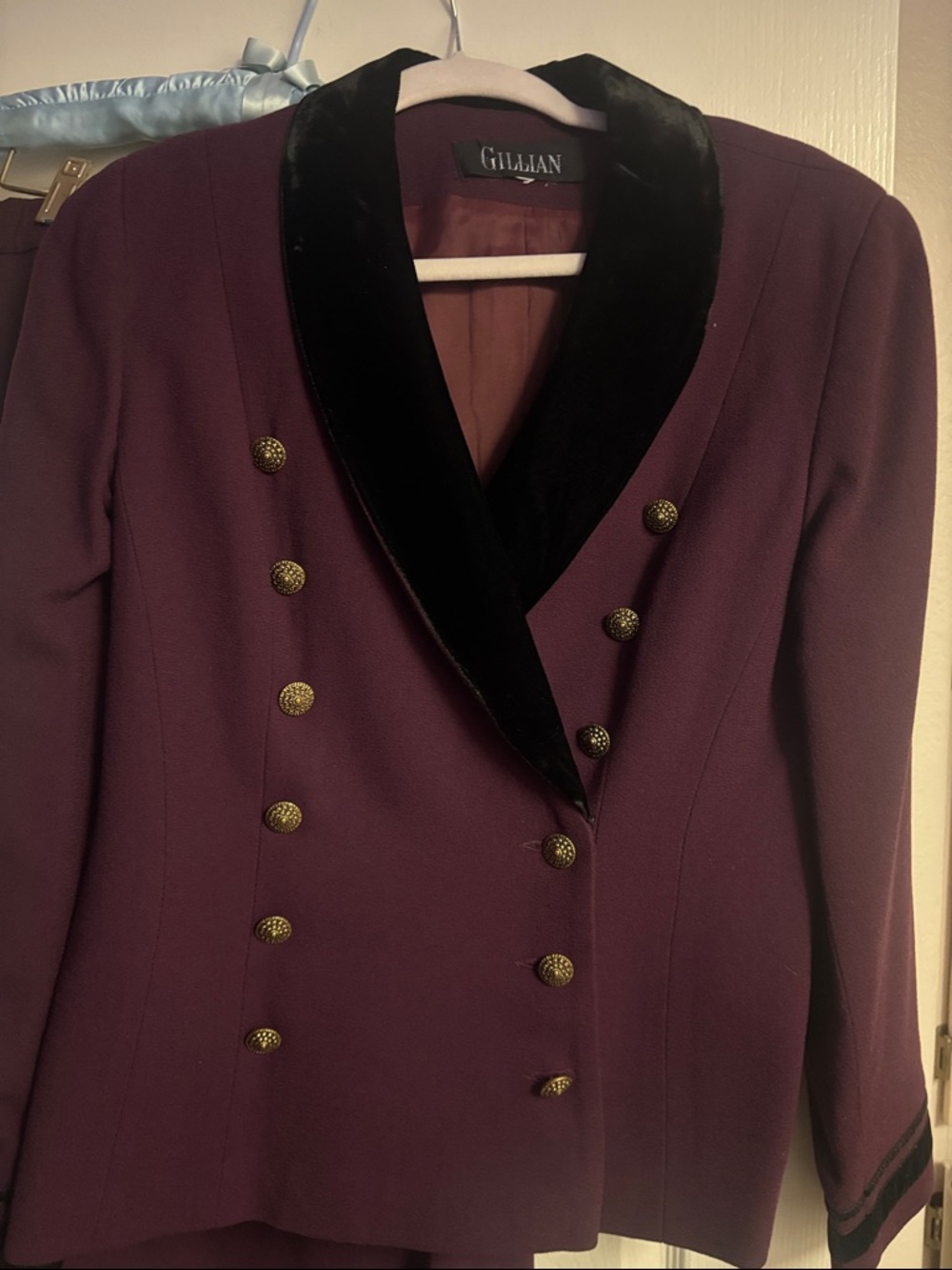 Gillian Women's Purple Velvet-Trim Double-Breasted Blazer and skirt